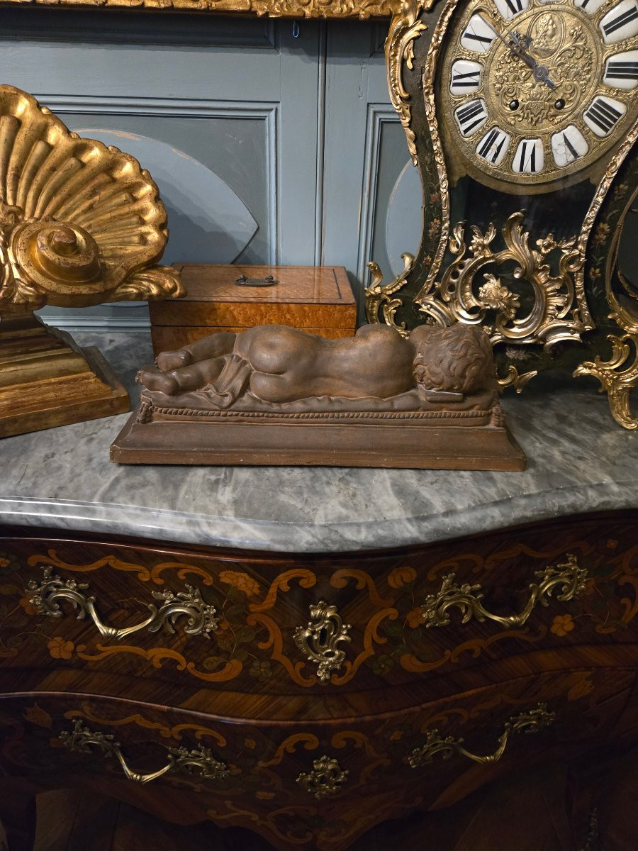 Sleeping Child, Patinated Terracotta Sculpture, 19th Century.  -photo-1