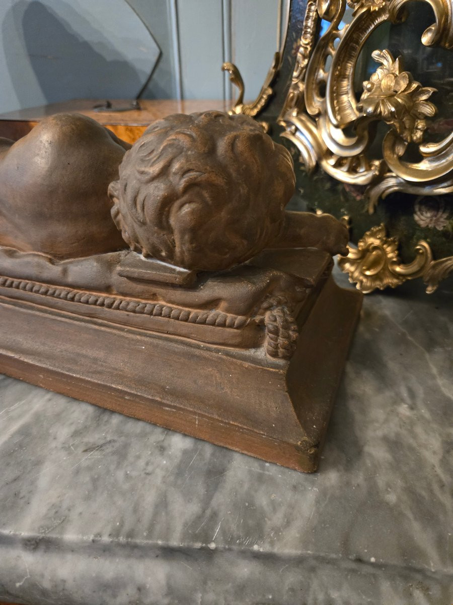 Sleeping Child, Patinated Terracotta Sculpture, 19th Century.  -photo-3