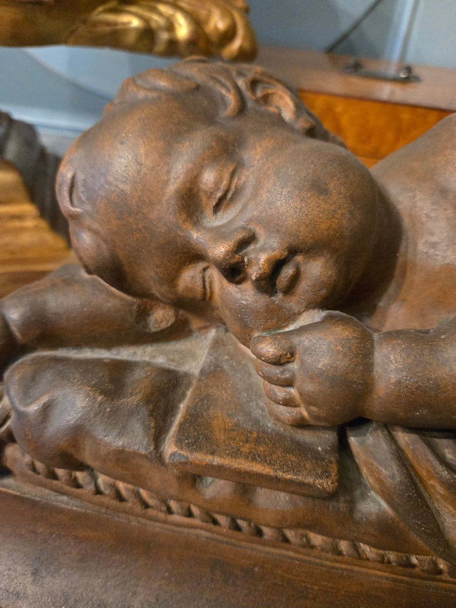 Sleeping Child, Patinated Terracotta Sculpture, 19th Century.  -photo-4