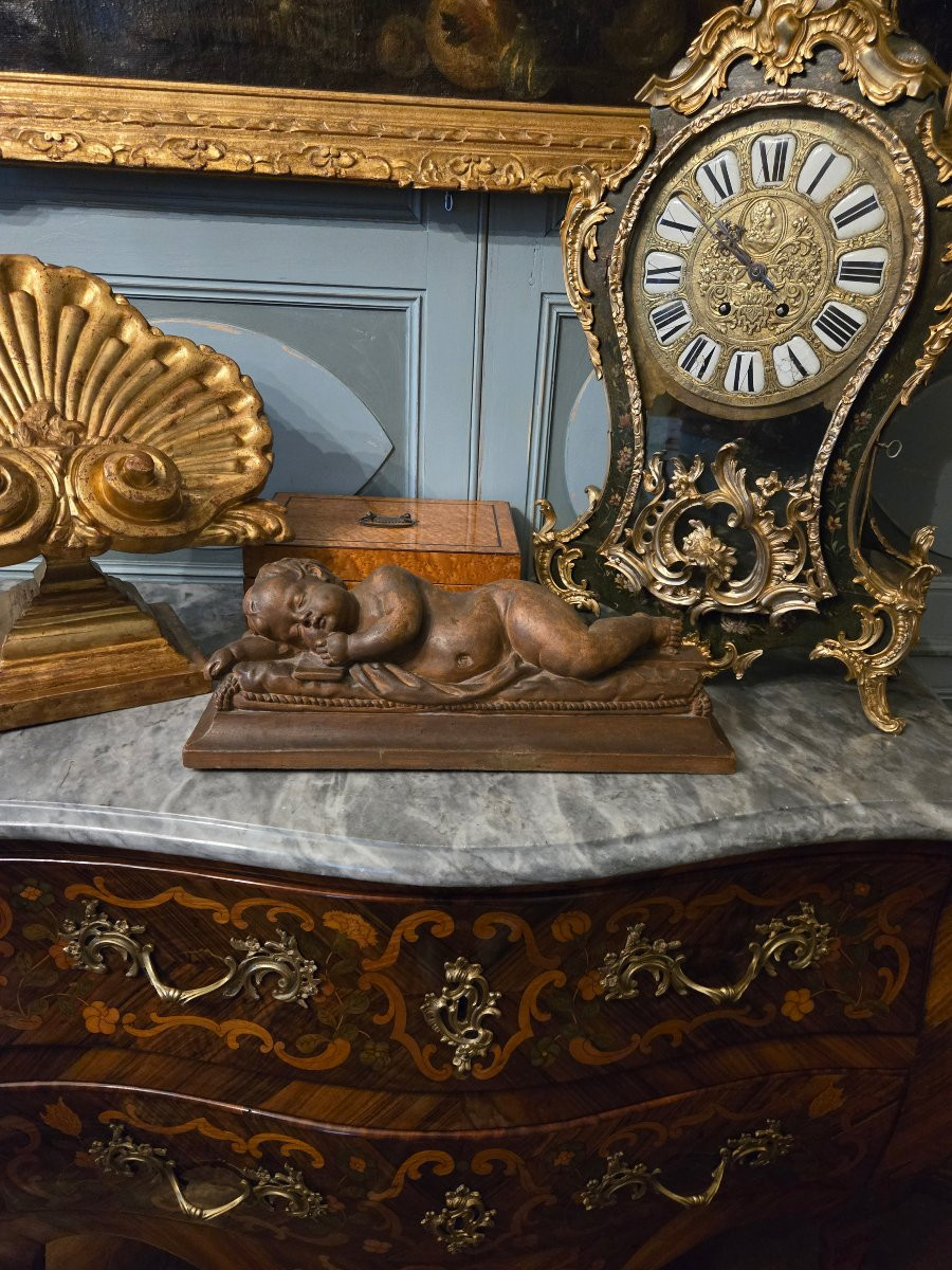 Sleeping Child, Patinated Terracotta Sculpture, 19th Century.  -photo-7