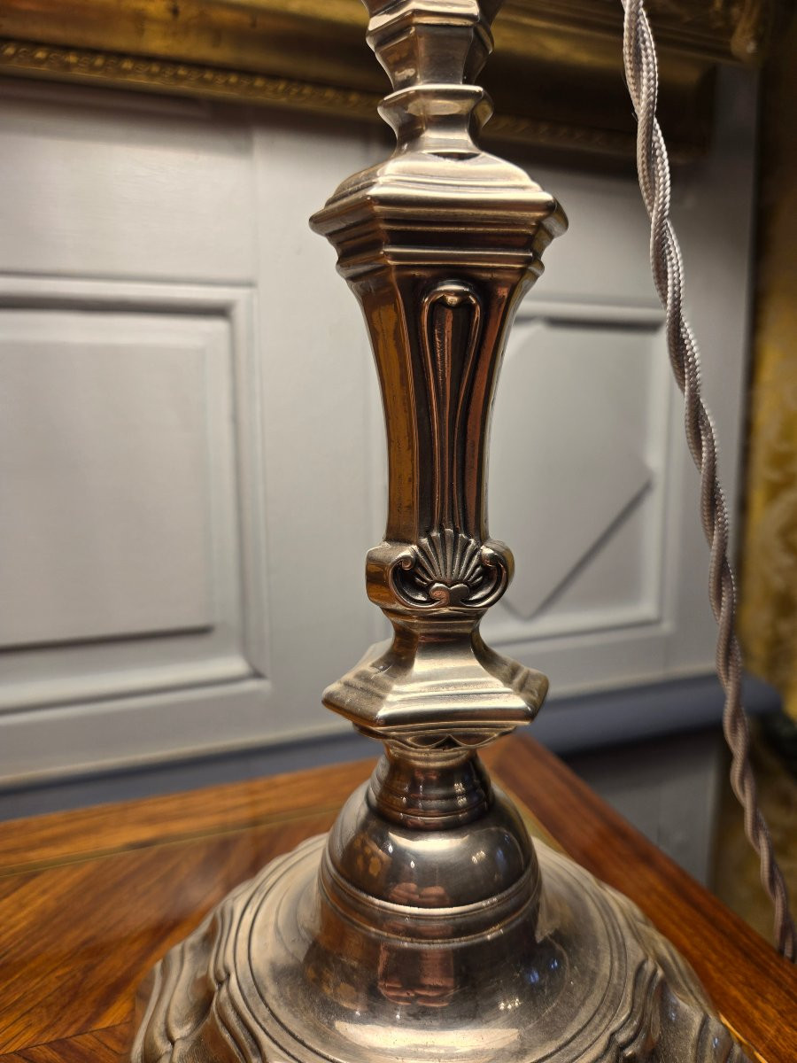 Pair Of Silvered Bronze Torches, "shell" Model, Mounted As Lamps.  -photo-4