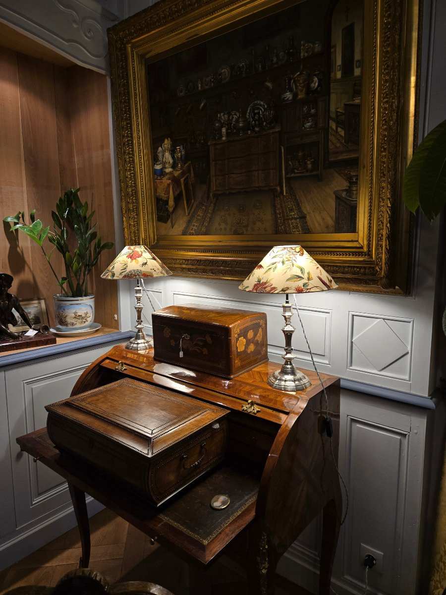 Pair Of Silvered Bronze Torches, "shell" Model, Mounted As Lamps.  -photo-2