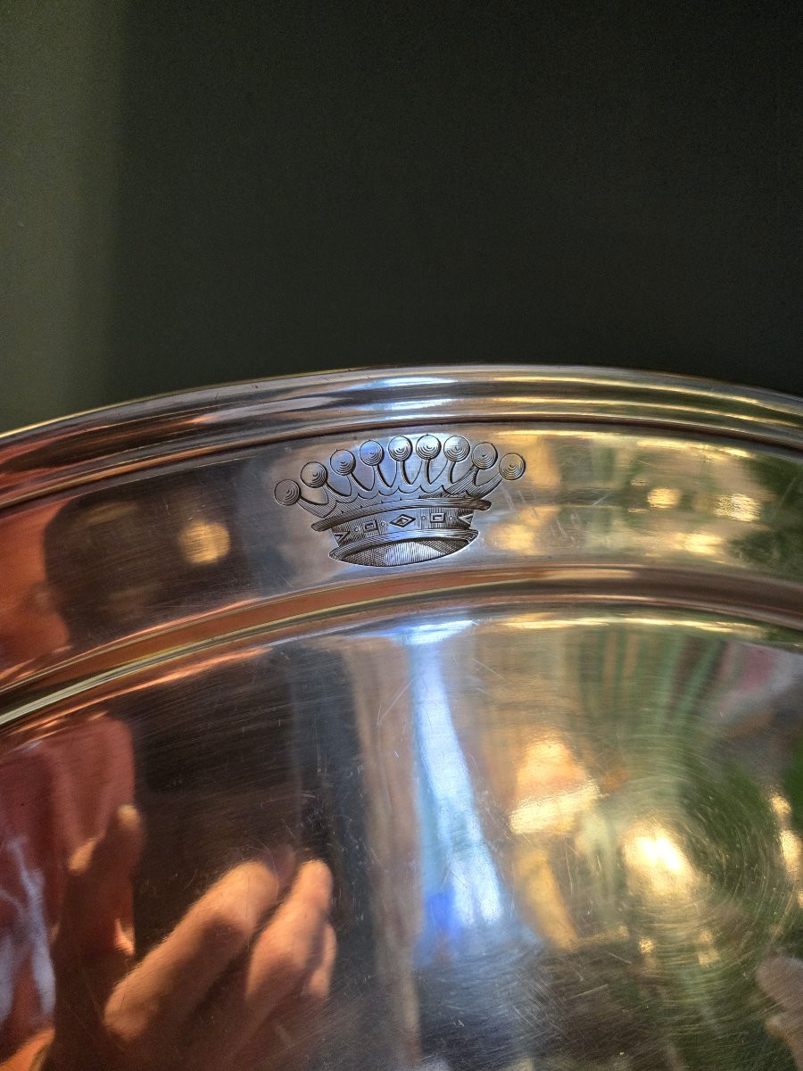 Large Oval Silver-plated Metal Dish With A Comital Crown, Late 19th Century.  -photo-2