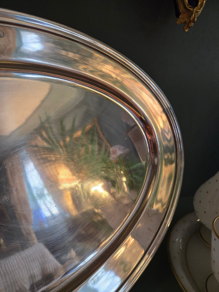 Large Oval Silver-plated Metal Dish With A Comital Crown, Late 19th Century.  -photo-4