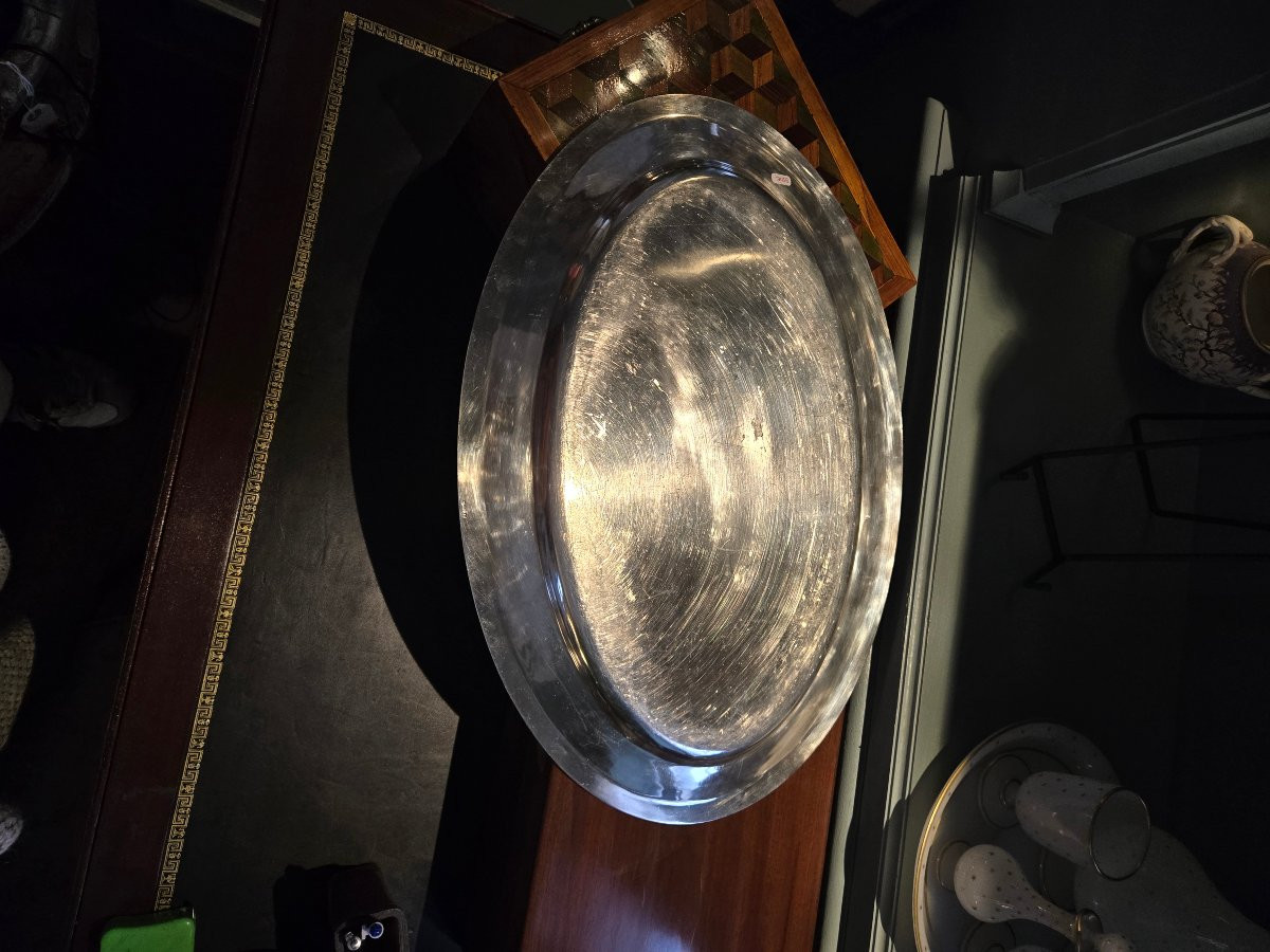 Large Oval Silver-plated Metal Dish With A Comital Crown, Late 19th Century.  -photo-4