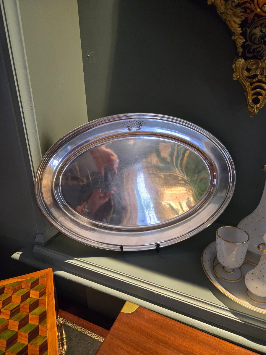 Large Oval Silver-plated Metal Dish With A Comital Crown, Late 19th Century.  -photo-6