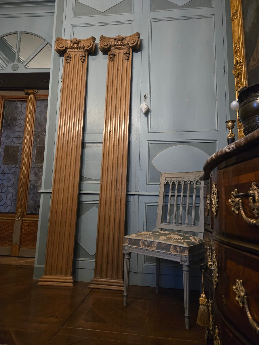 Pair Of Ionic Order Pilasters In Solid Oak – 20th Century.  -photo-2