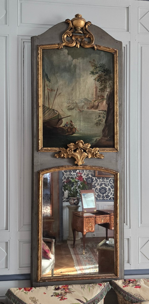 Narrow Pier Glass With Painted Decoration, Regional Work From The 18th Century. 