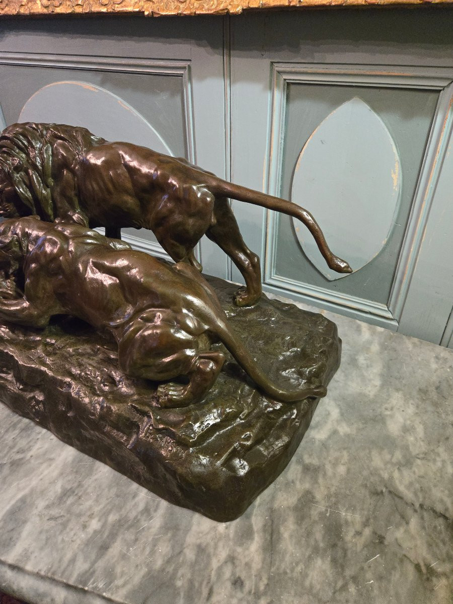 Lion And Lioness Attacking A Gazelle After E. Samson, Important Animal Sculpture.-photo-3