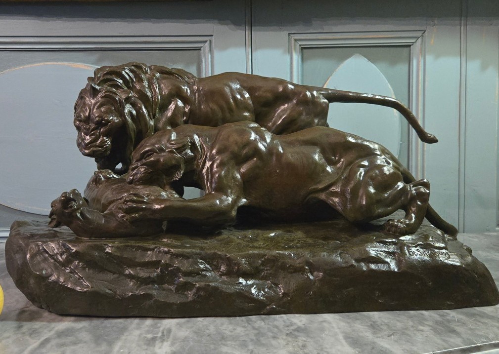 Lion And Lioness Attacking A Gazelle After E. Samson, Important Animal Sculpture.