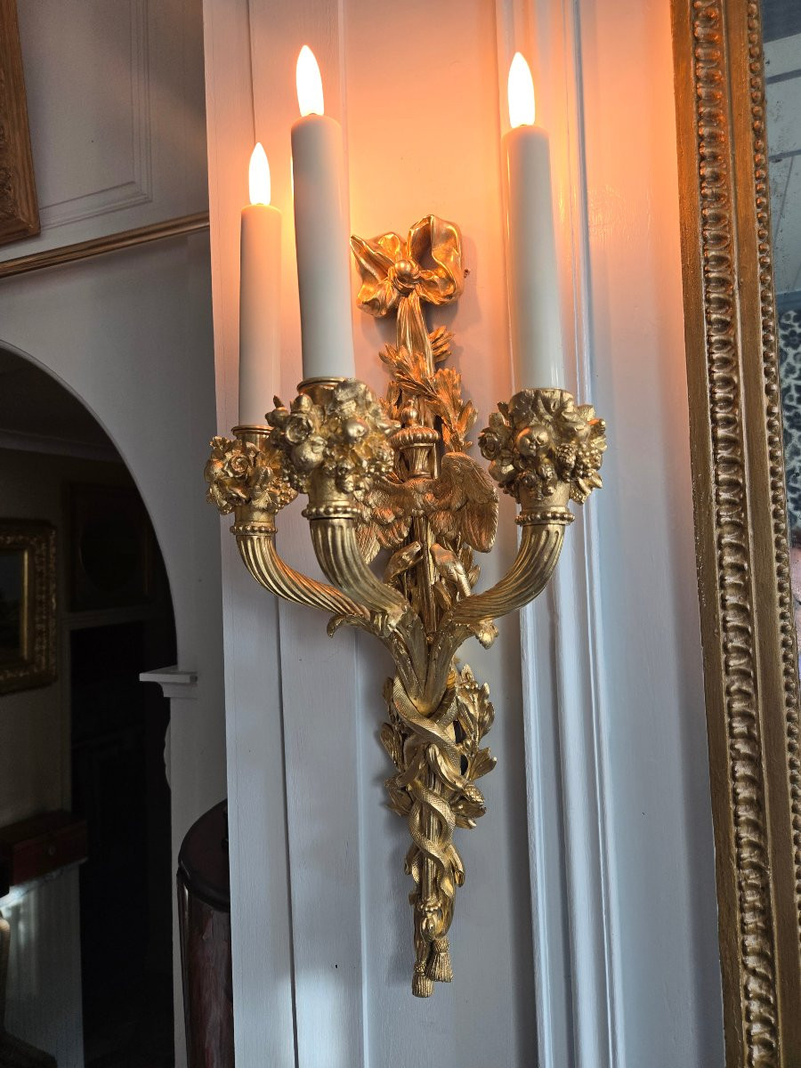 Paire d’appliques Louis XVI, d’après le modèle de Pierre Gouthière conservé au Louvre, XIXᵉ .-photo-1