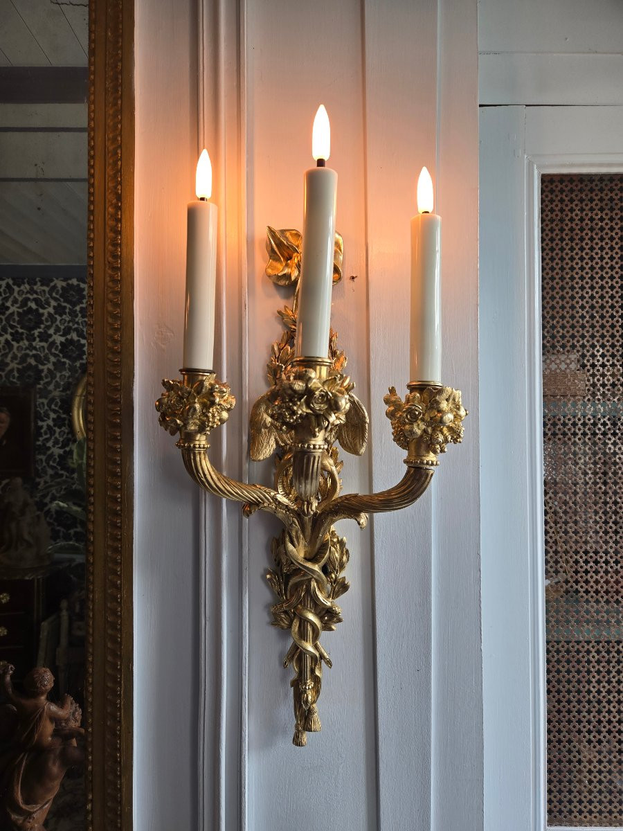 Paire d’appliques Louis XVI, d’après le modèle de Pierre Gouthière conservé au Louvre, XIXᵉ .-photo-2