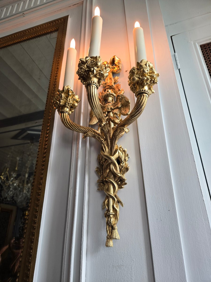 Paire d’appliques Louis XVI, d’après le modèle de Pierre Gouthière conservé au Louvre, XIXᵉ .-photo-4