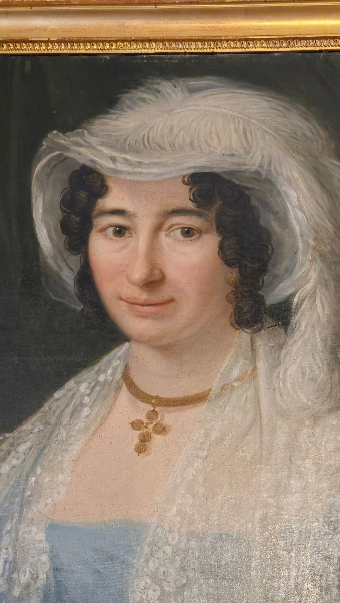 Portrait de jeune femme tenant un médaillon Huile sur toile – Époque Directoire / Empire-photo-8