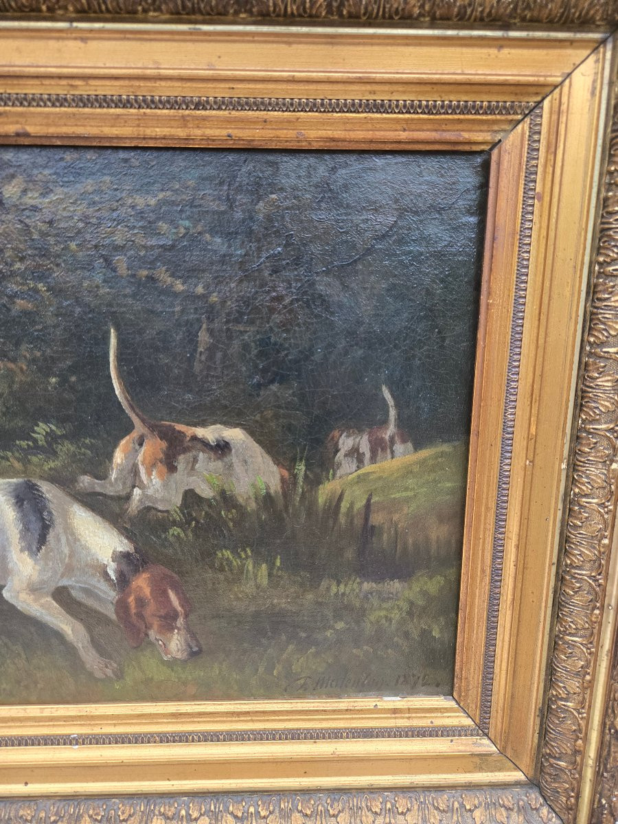 Paul Malenson (1817–1898) Chiens courants en sous-bois Huile sur toile signée et datée 1872.  -photo-2