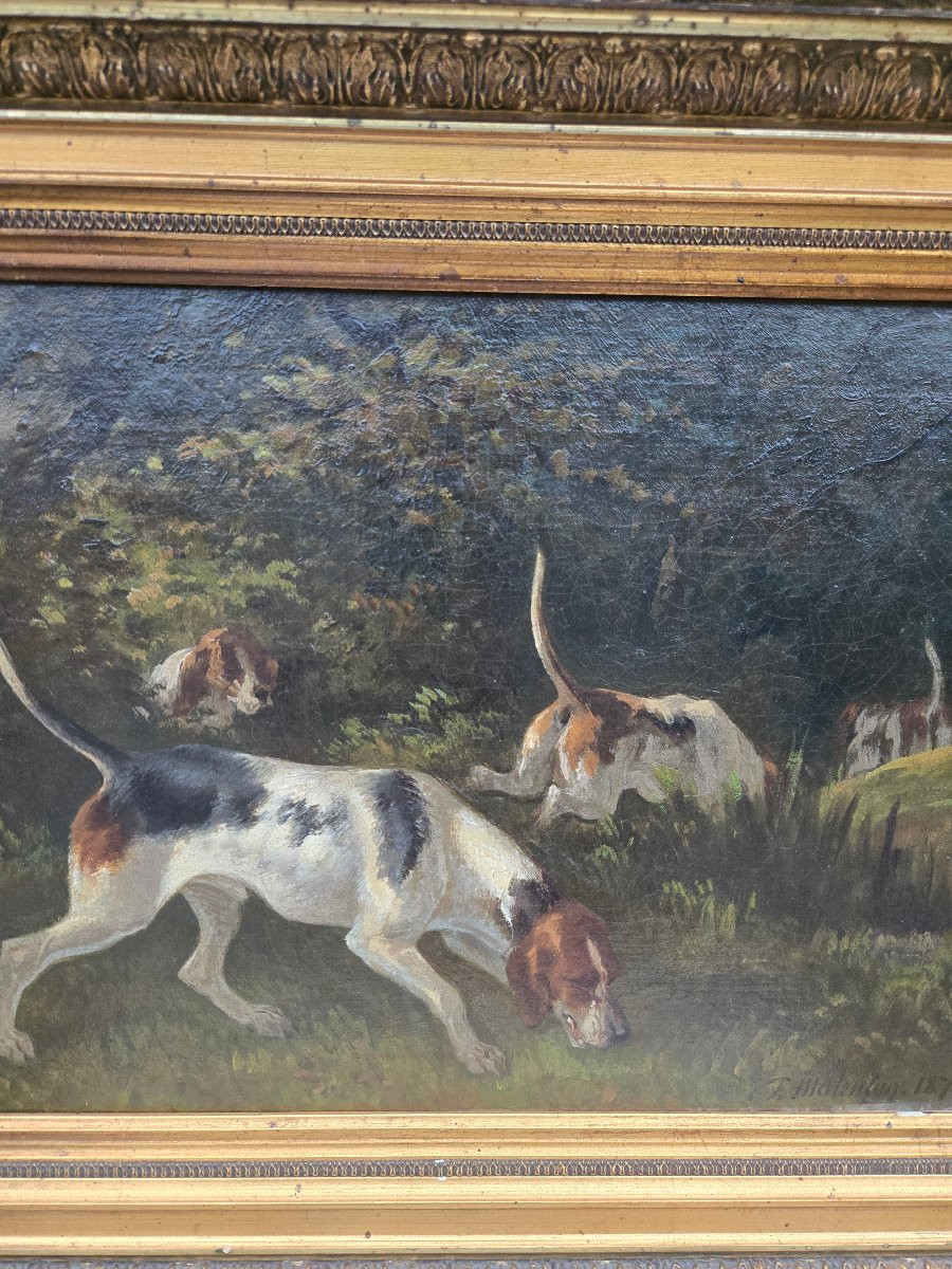 Paul Malenson (1817–1898) Chiens courants en sous-bois Huile sur toile signée et datée 1872.  -photo-3
