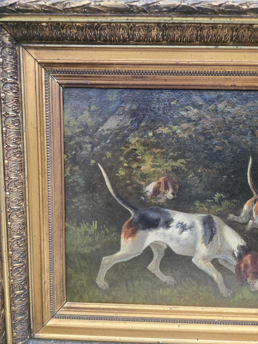Paul Malenson (1817–1898) Chiens courants en sous-bois Huile sur toile signée et datée 1872.  -photo-4