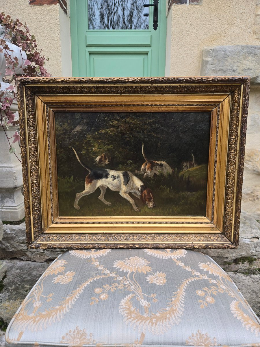 Paul Malenson (1817–1898) Chiens courants en sous-bois Huile sur toile signée et datée 1872.  -photo-4