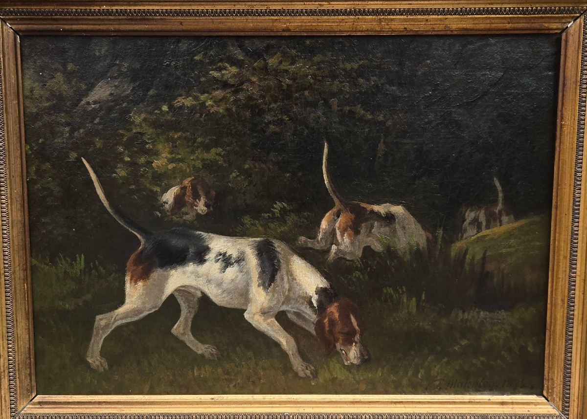 Paul Malenson (1817–1898) Chiens courants en sous-bois Huile sur toile signée et datée 1872.  