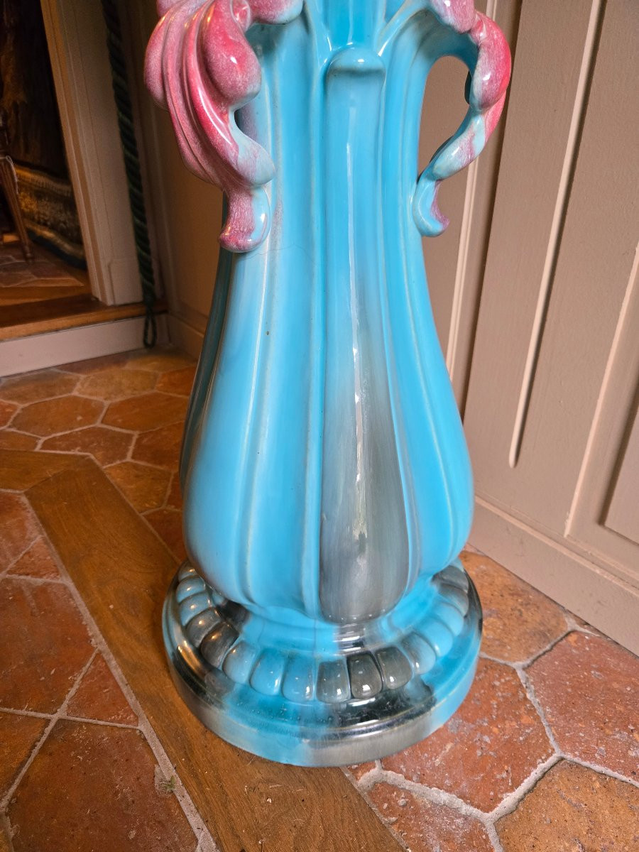 Cache-pot sur colonne Delphin Massier & Cie, Vallauris Vers 1900.  -photo-1