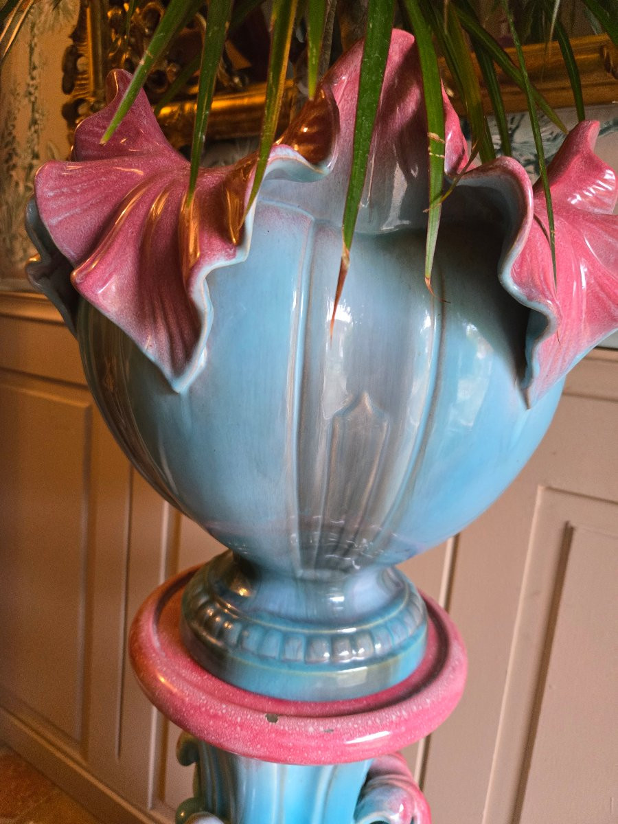 Cache-pot sur colonne Delphin Massier & Cie, Vallauris Vers 1900.  -photo-2