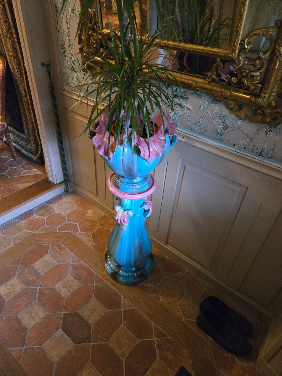 Cache-pot sur colonne Delphin Massier & Cie, Vallauris Vers 1900.  -photo-4