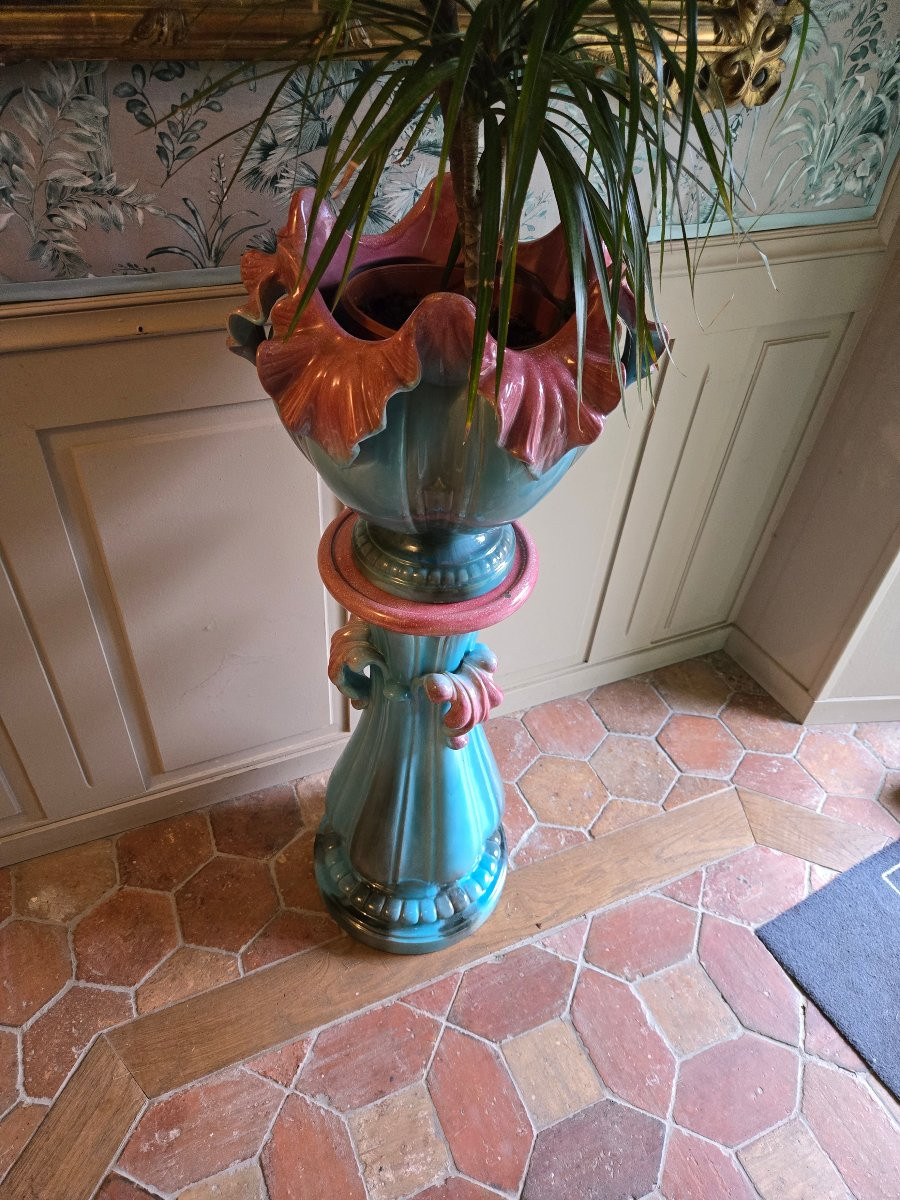 Cache-pot sur colonne Delphin Massier & Cie, Vallauris Vers 1900.  -photo-5