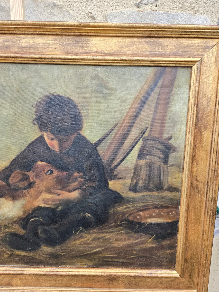 François Eugène Brillaud (1846–1916) Jeune garçon et son veau – Scène naturaliste rurale.  -photo-2