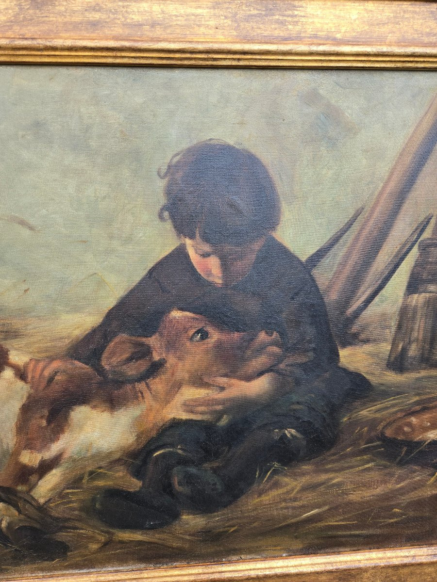 François Eugène Brillaud (1846–1916) Jeune garçon et son veau – Scène naturaliste rurale.  -photo-4