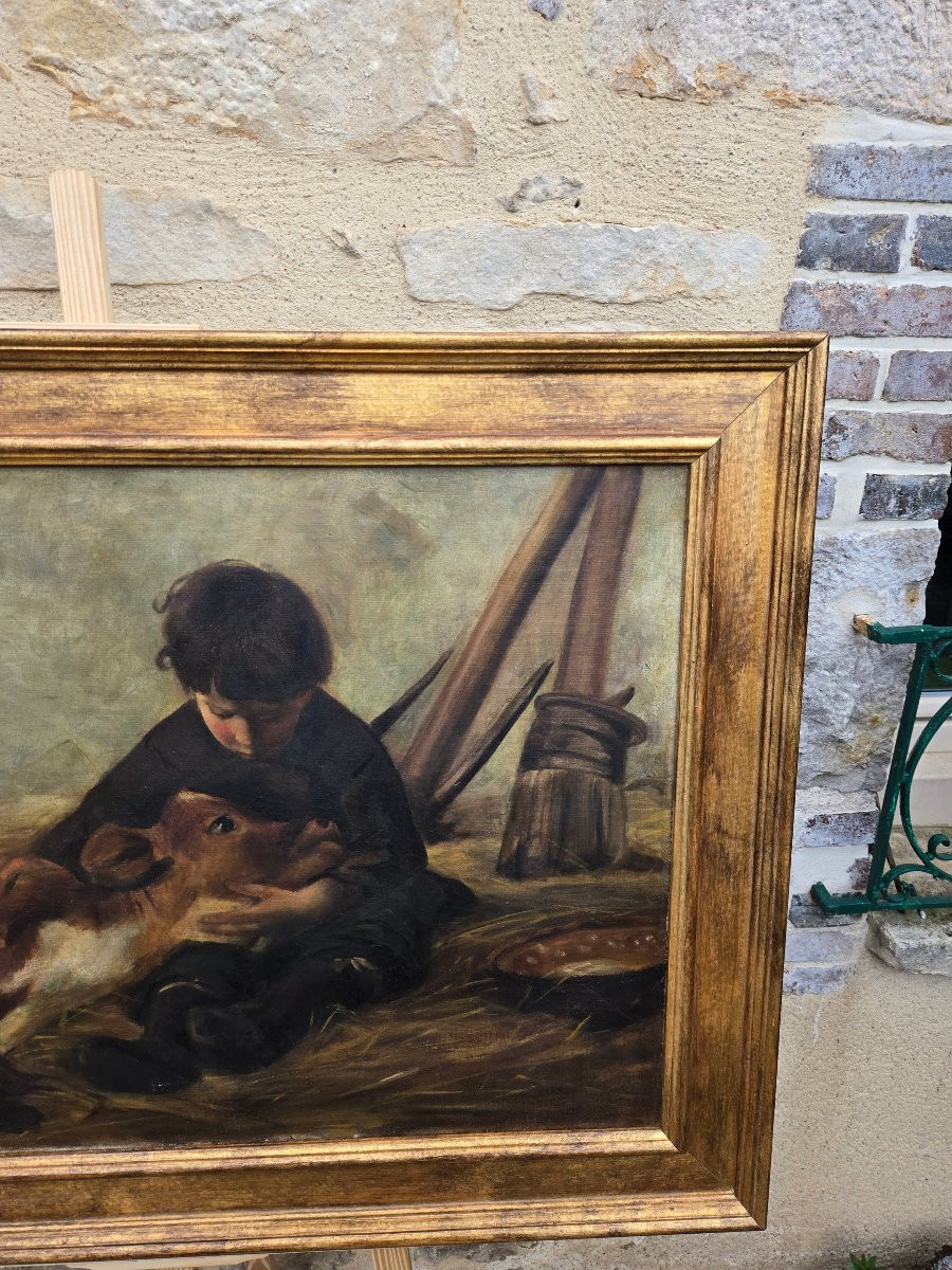 François Eugène Brillaud (1846–1916) Jeune garçon et son veau – Scène naturaliste rurale.  -photo-2