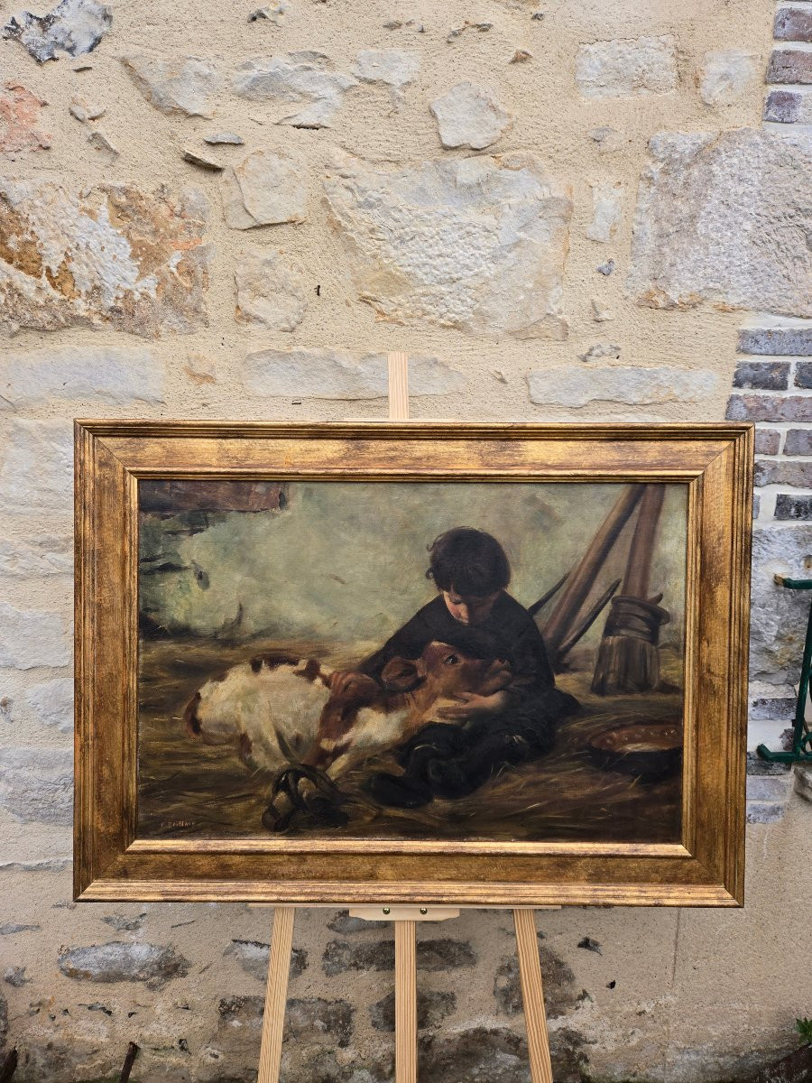 François Eugène Brillaud (1846–1916) Jeune garçon et son veau – Scène naturaliste rurale.  -photo-3
