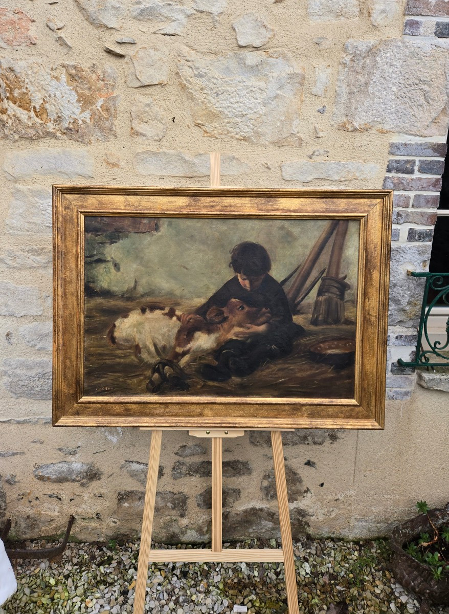 François Eugène Brillaud (1846–1916) Jeune garçon et son veau – Scène naturaliste rurale.  -photo-4
