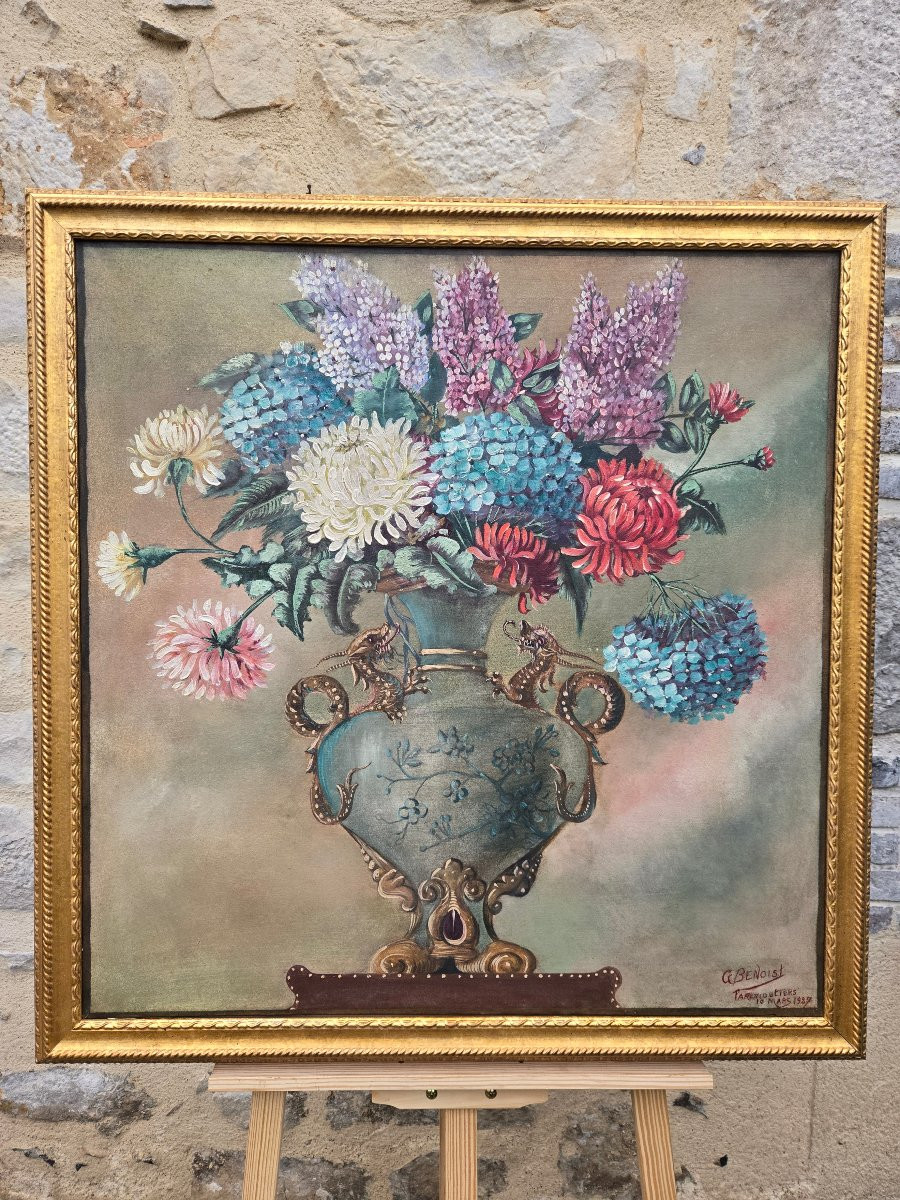 Bouquet de fleurs dans un vase aux dragons Signée et datée G. Benoist, Faremoutiers.-photo-2