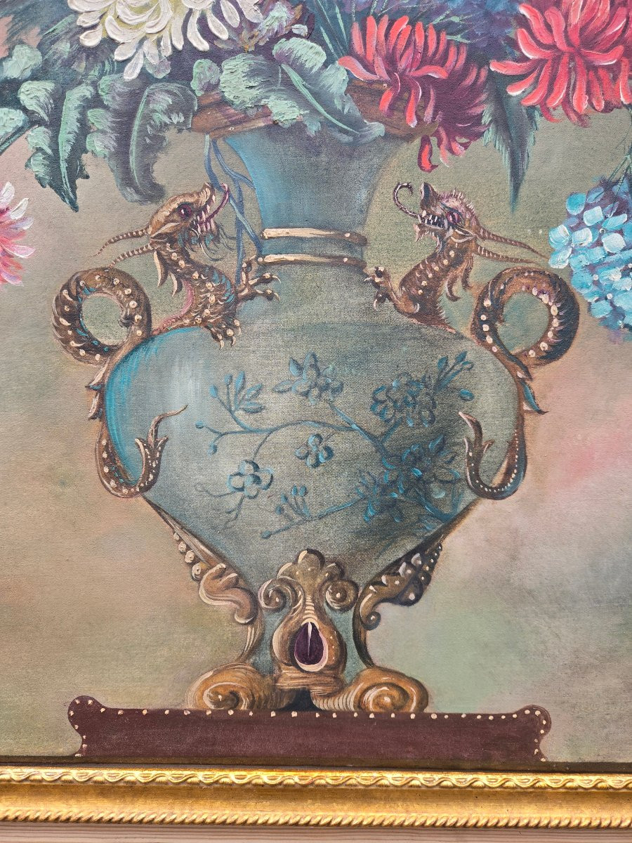Bouquet de fleurs dans un vase aux dragons Signée et datée G. Benoist, Faremoutiers.-photo-3