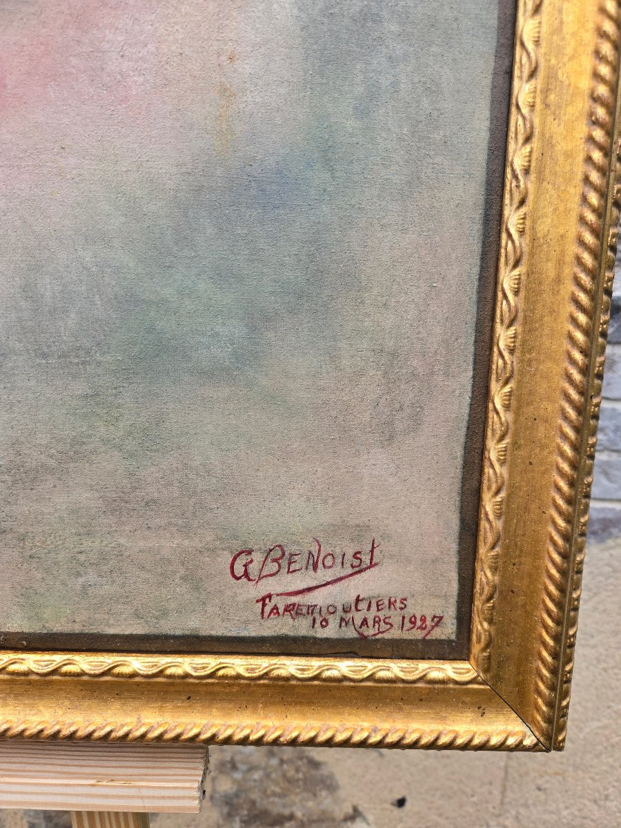 Bouquet de fleurs dans un vase aux dragons Signée et datée G. Benoist, Faremoutiers.-photo-4