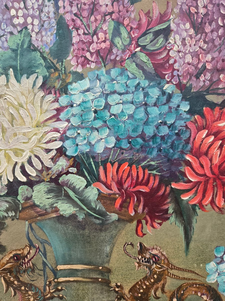 Bouquet de fleurs dans un vase aux dragons Signée et datée G. Benoist, Faremoutiers.-photo-2