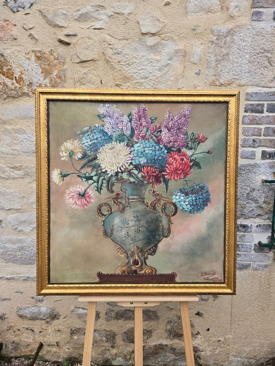 Bouquet de fleurs dans un vase aux dragons Signée et datée G. Benoist, Faremoutiers.-photo-5