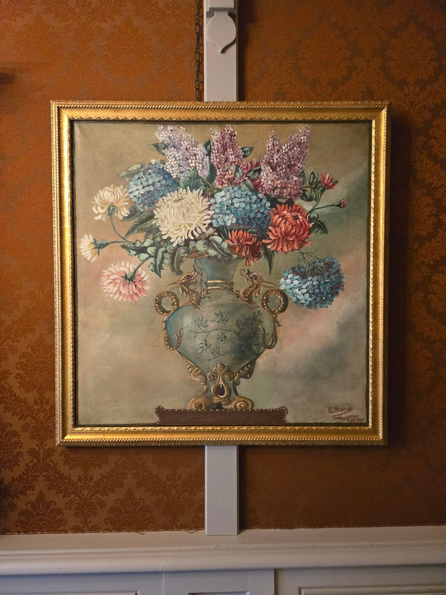 Bouquet de fleurs dans un vase aux dragons Signée et datée G. Benoist, Faremoutiers.-photo-6