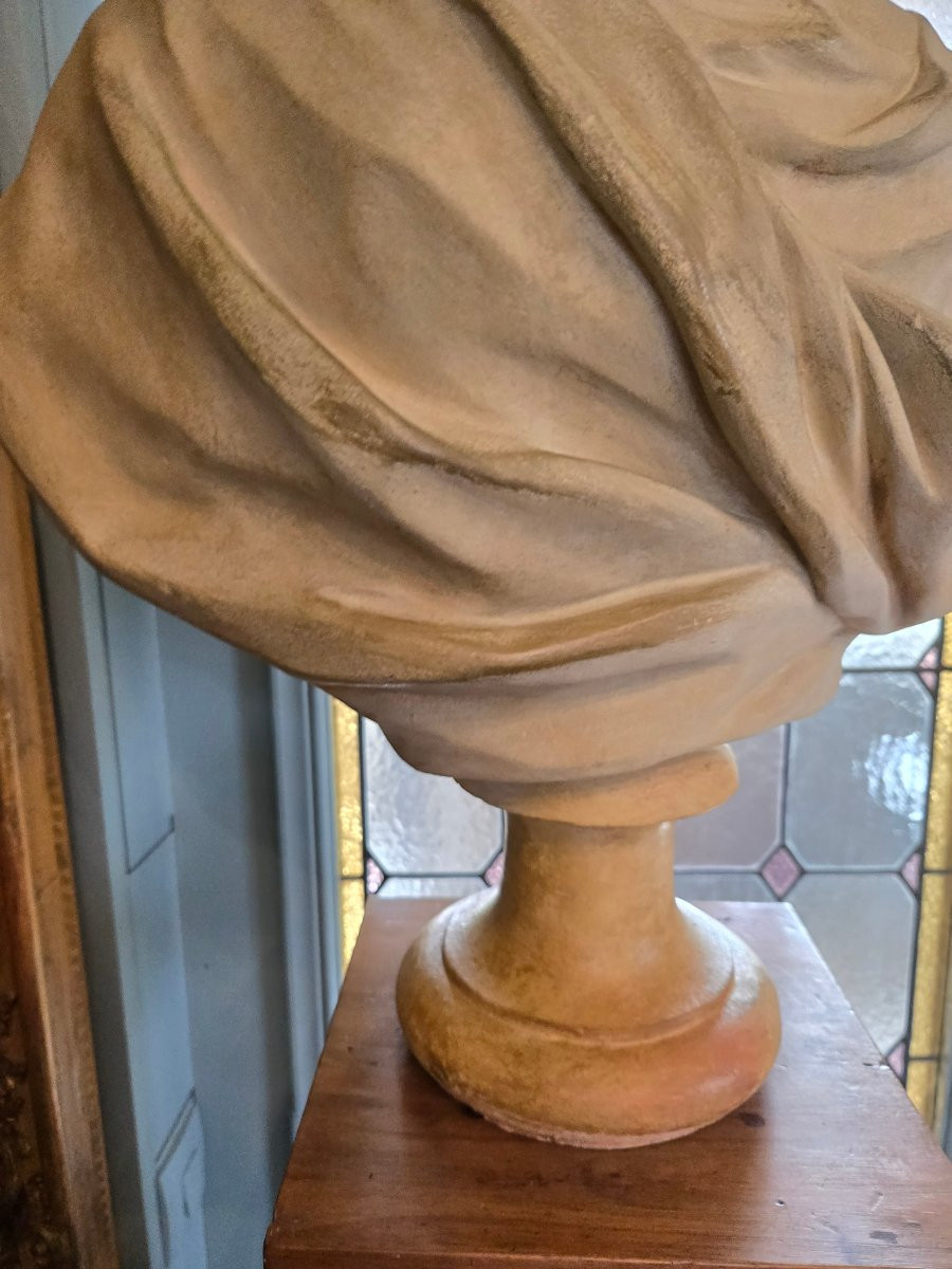 Large Bust Of A Young Woman In The Style Of The 18th Century. Antique Cast In Patinated Plaster, 19th Century.-photo-3