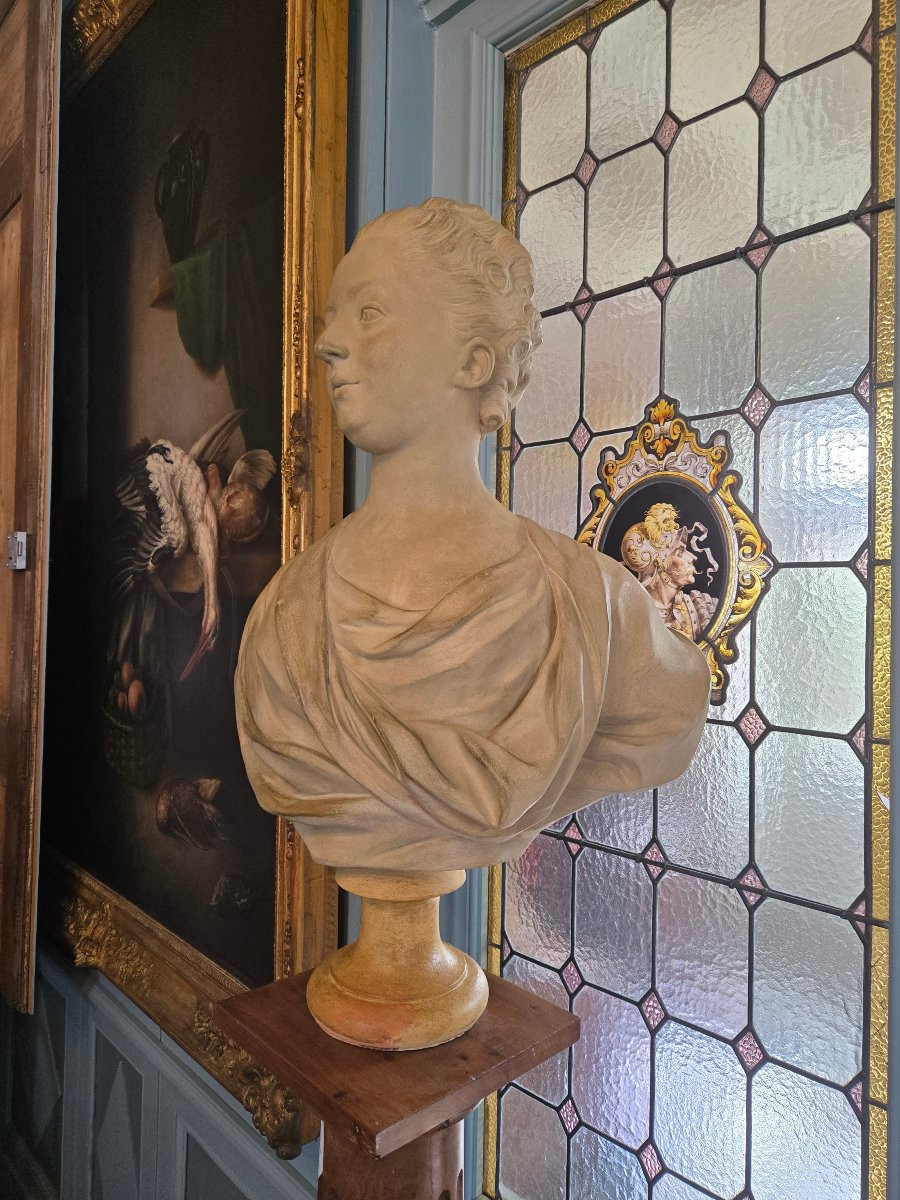 Large Bust Of A Young Woman In The Style Of The 18th Century. Antique Cast In Patinated Plaster, 19th Century.-photo-1