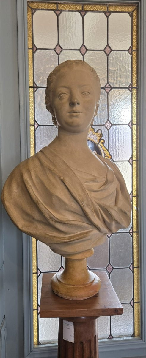 Large Bust Of A Young Woman In The Style Of The 18th Century. Antique Cast In Patinated Plaster, 19th Century.-photo-3