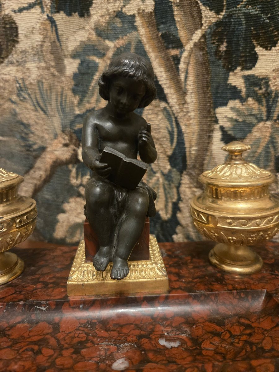 Encrier en marbre griotte et bronze – Allégorie de la connaissance – XIXe siècle. -photo-4