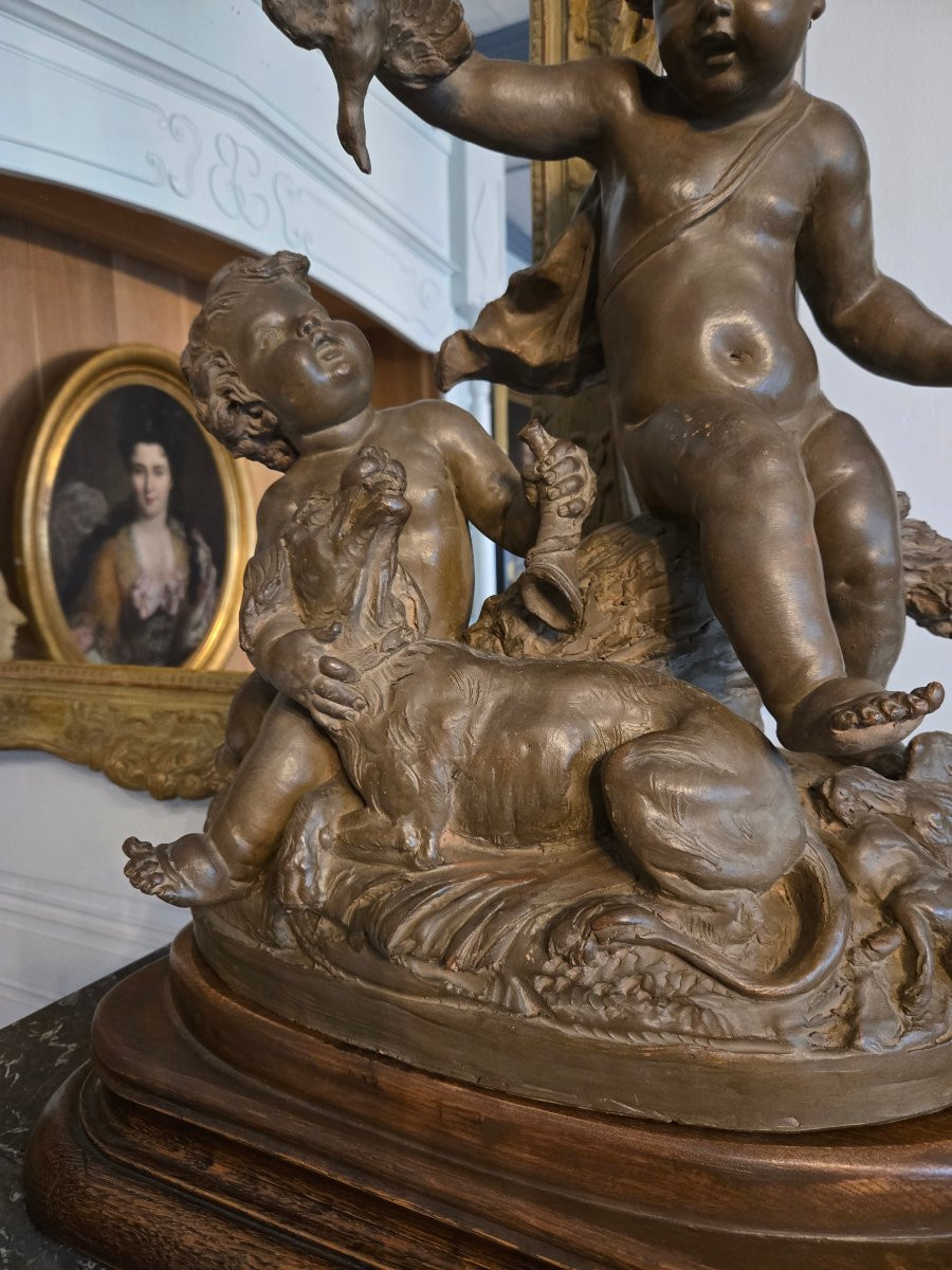 Allegory Of The Hunt In Patinated Terracotta, Signed Le Brun, 19th Century Work.-photo-2