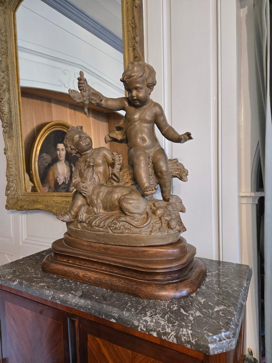 Allegory Of The Hunt In Patinated Terracotta, Signed Le Brun, 19th Century Work.-photo-3