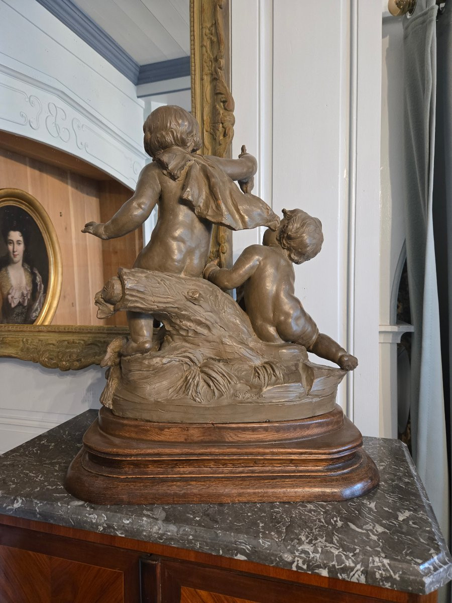 Allegory Of The Hunt In Patinated Terracotta, Signed Le Brun, 19th Century Work.-photo-4