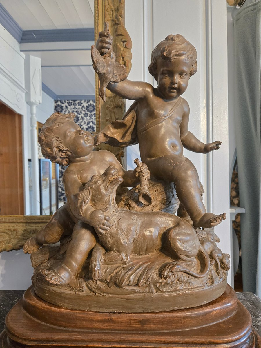 Allegory Of The Hunt In Patinated Terracotta, Signed Le Brun, 19th Century Work.-photo-6
