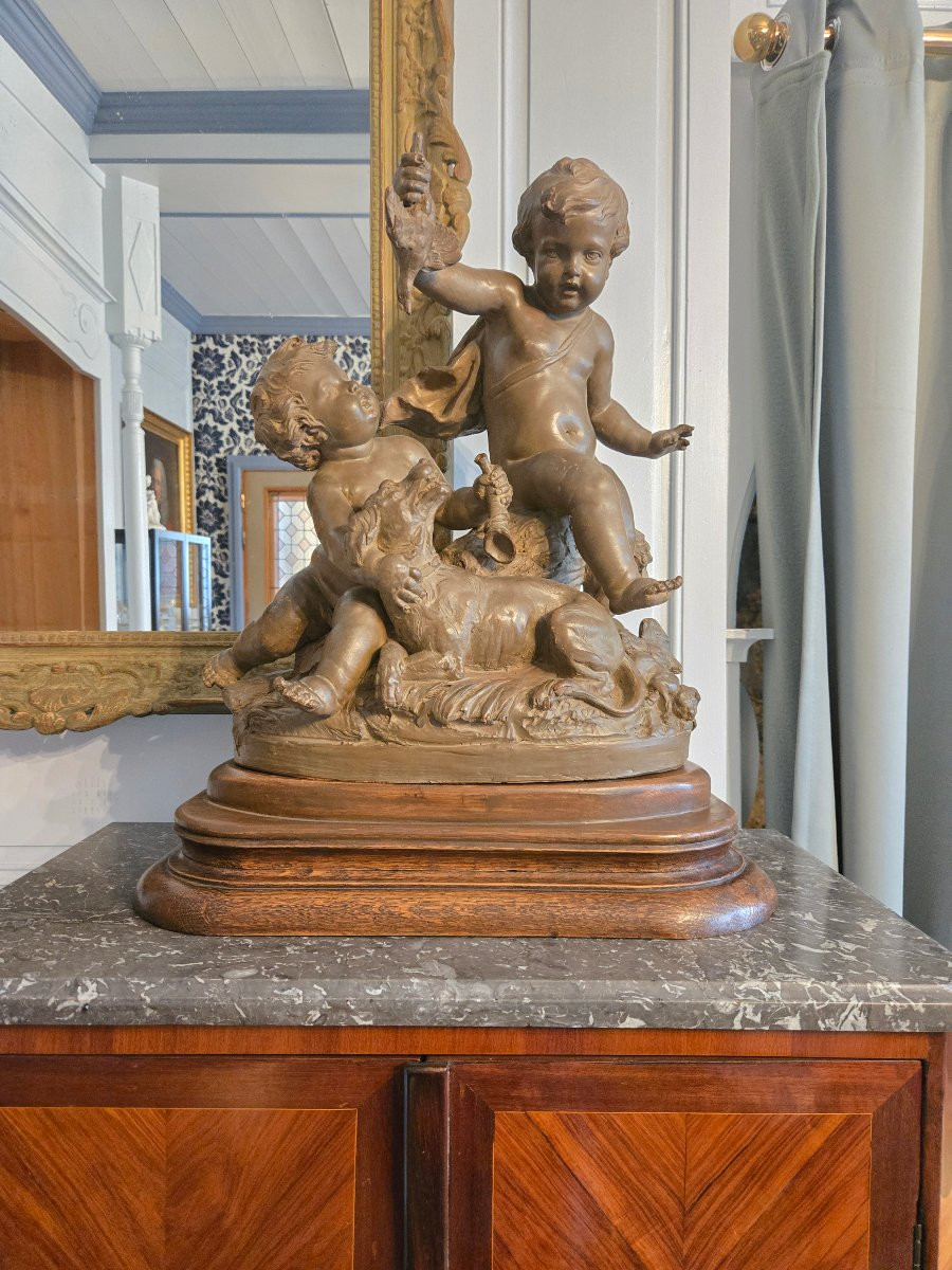 Allegory Of The Hunt In Patinated Terracotta, Signed Le Brun, 19th Century Work.-photo-7