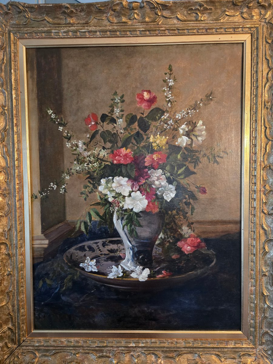 Still Life With A Bouquet Of Flowers In An Earthenware Vase. Signed Jules Ragot (1835-1912).-photo-2