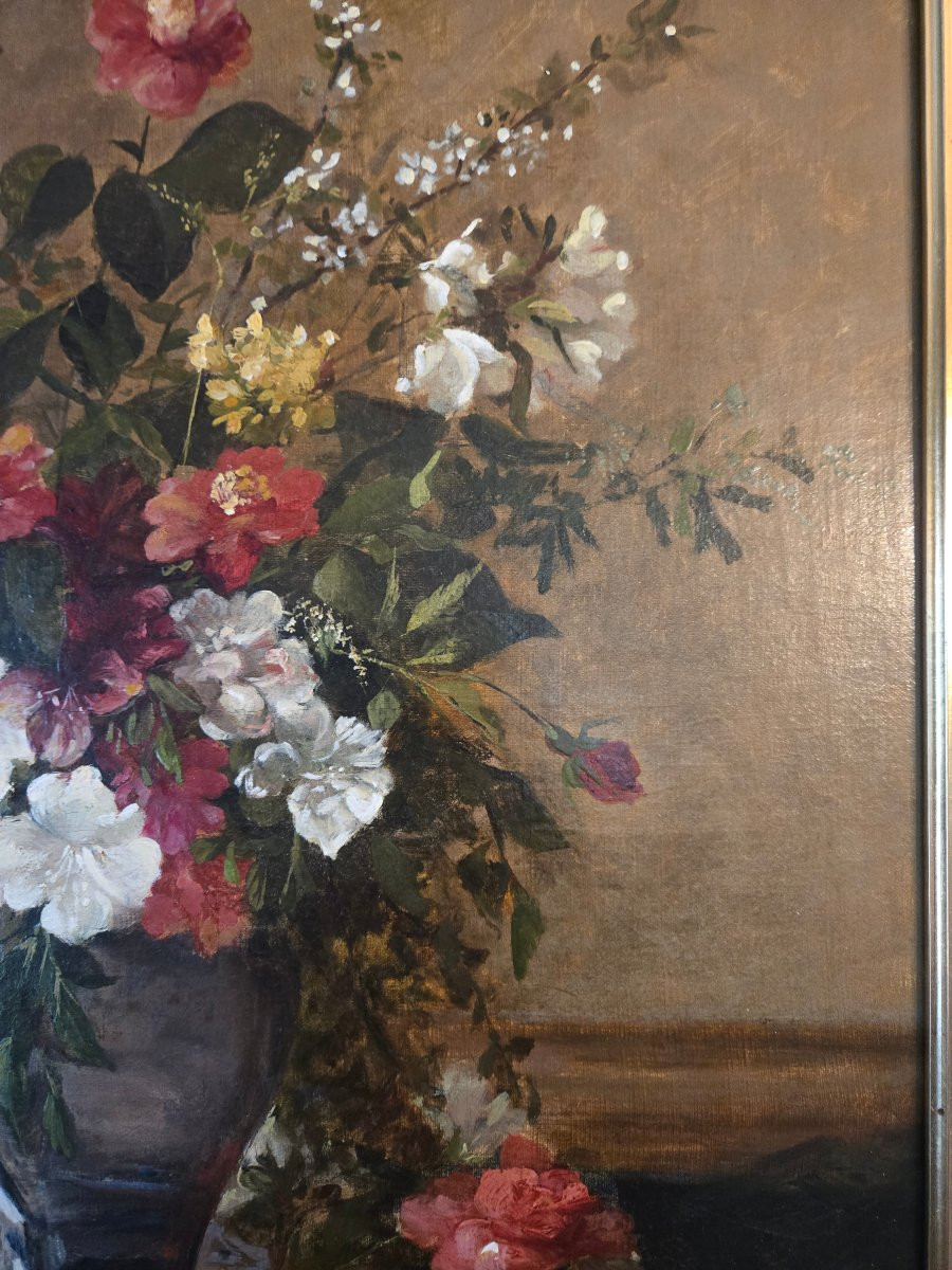 Still Life With A Bouquet Of Flowers In An Earthenware Vase. Signed Jules Ragot (1835-1912).-photo-4