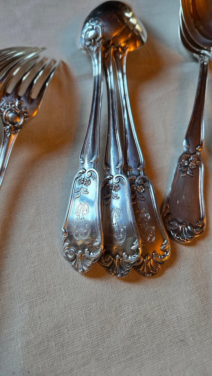 Suite Of 12 Solid Silver Entremets Cutlery Sets, Rocaille Pattern With Monogram, Hénin & Cie,-photo-2